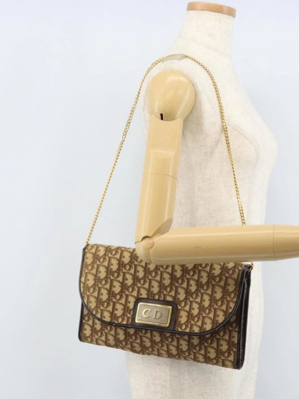 Christian Dior Trotter Canvas Chain Shoulder Bag Brown Gold Auth ARZ308A